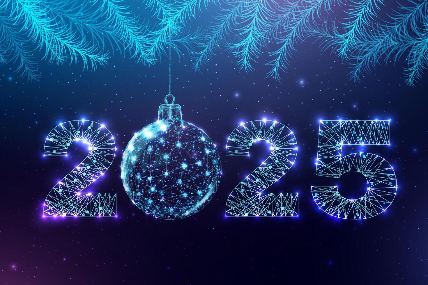 postcard happy new year 2025 low poly christmas ball and fir branches numbers from a polygonal wireframe vector