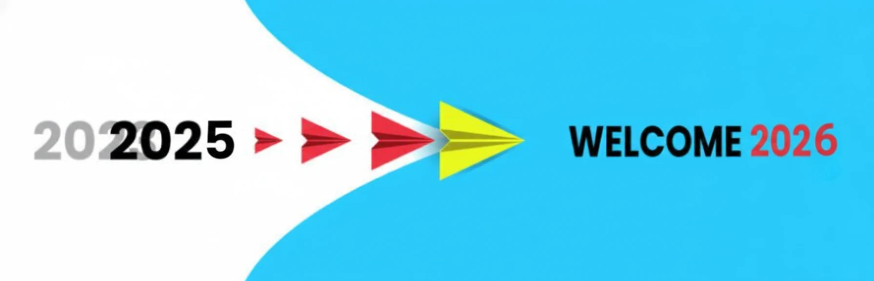 red airplane flying from year 2025 to year 2026 happy new year 2026 text design for brochure template card banner illustration new year idea concept vector