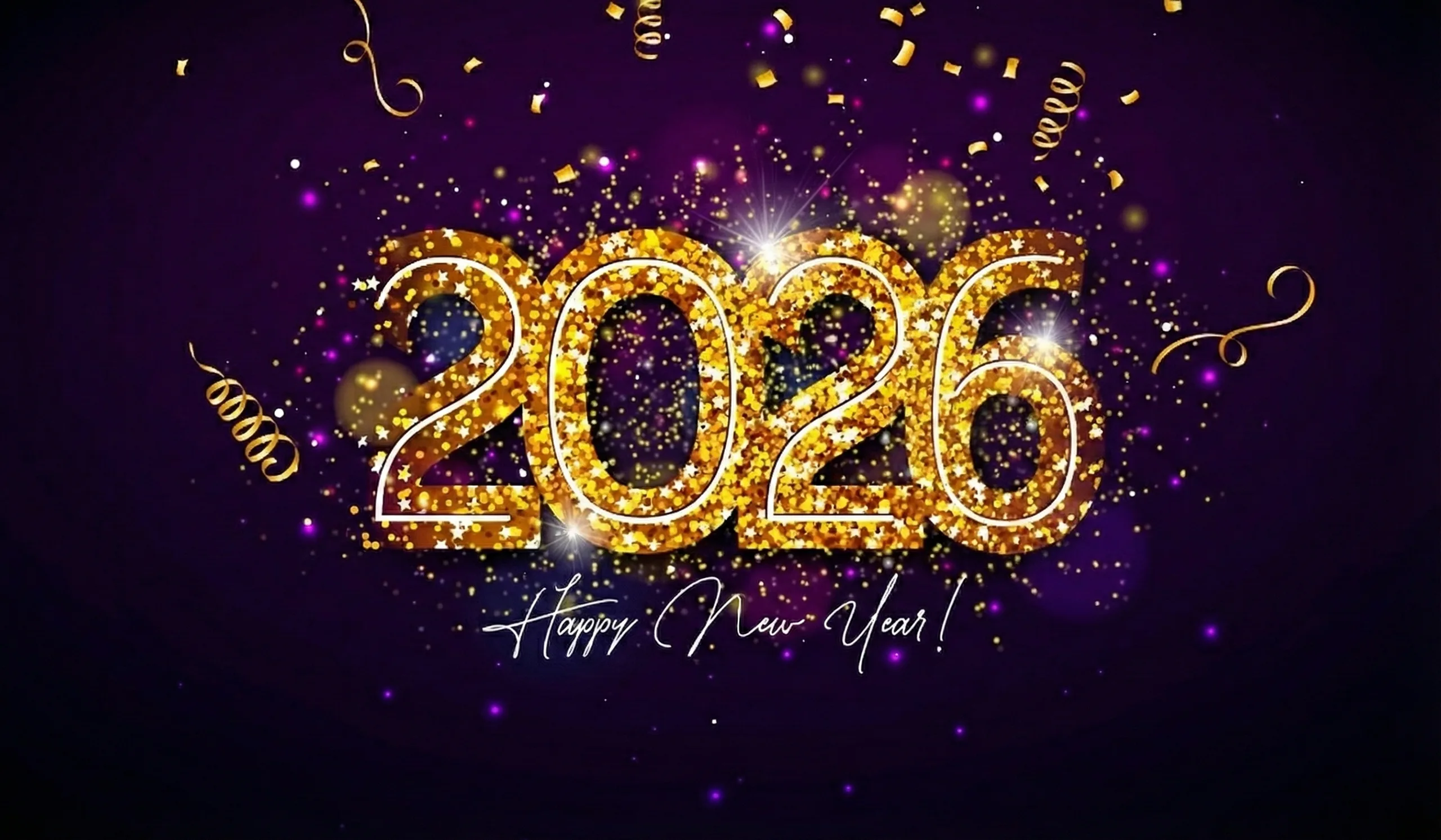 2026 happy new year illustration with gold glittered number and falling confetti on dark background christmas holiday design with typography lettering for flyer greeting card banner celebration vector