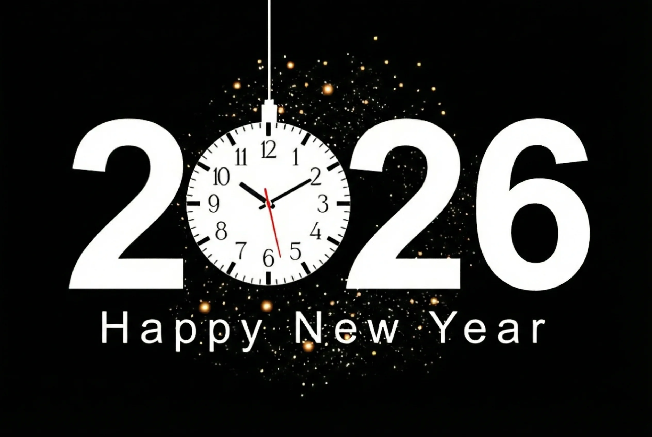 2026 with o'clock Happy new year image with black background