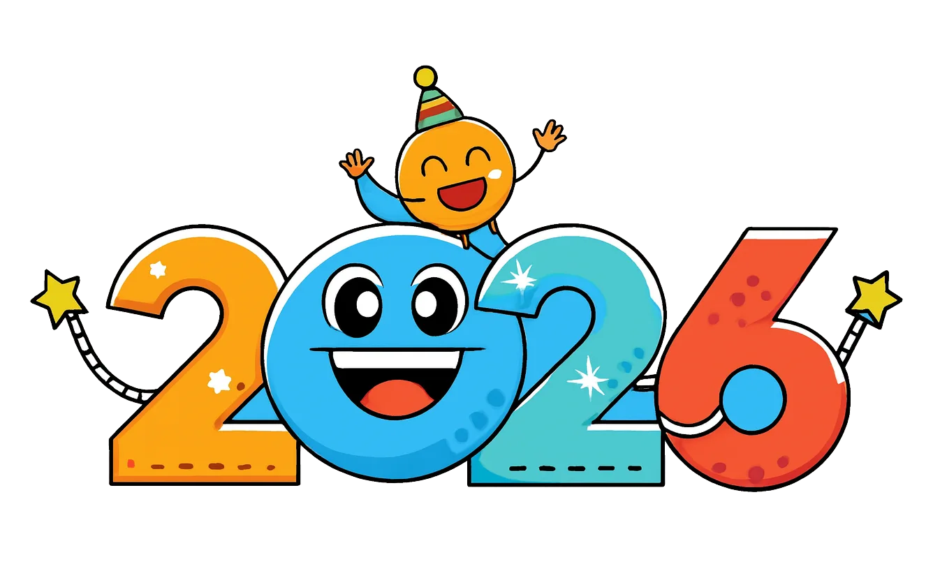 Happy New Year 2026 Cartoon Vector – Fun Celebration with Party Character and Decorative Digits