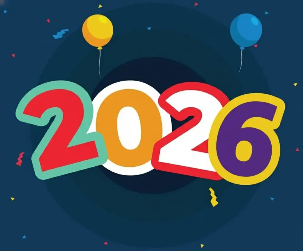 happy new year 2026 design multicolor festive with ballons abstract logo symbol illustration free vector