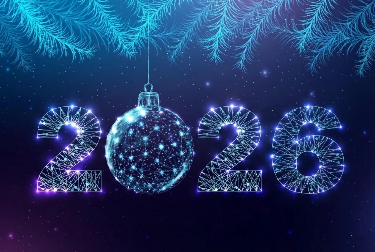 postcard happy new year 2026 low poly Christmas ball and fir branches numbers from a polygonal wireframe vector