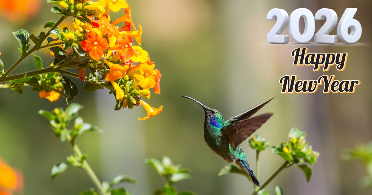 2026 Happy New Year Image with Hummingbird and Orange Flowers 2026 Happy New Year Image with Hummingbird and Orange Flowers