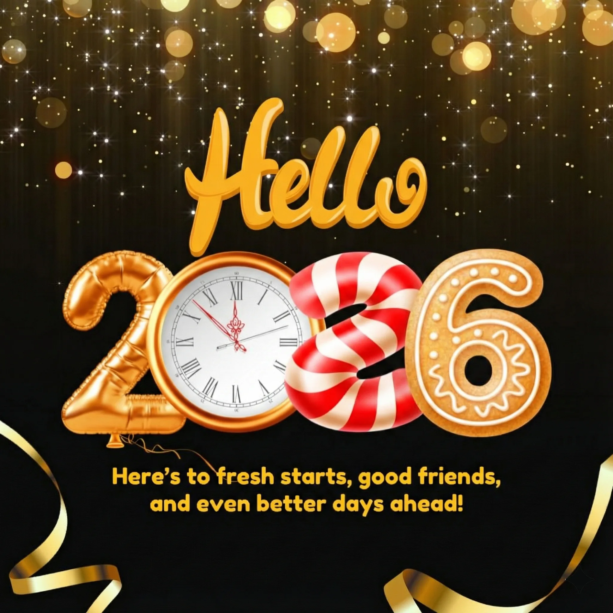Black and Gold Bold 2026 New Year Greeting Heres to fresh starts good friends and even better days ahead Black and Gold Bold 2026 New Year Greeting Here’s to fresh starts, good friends, and even better days ahead!