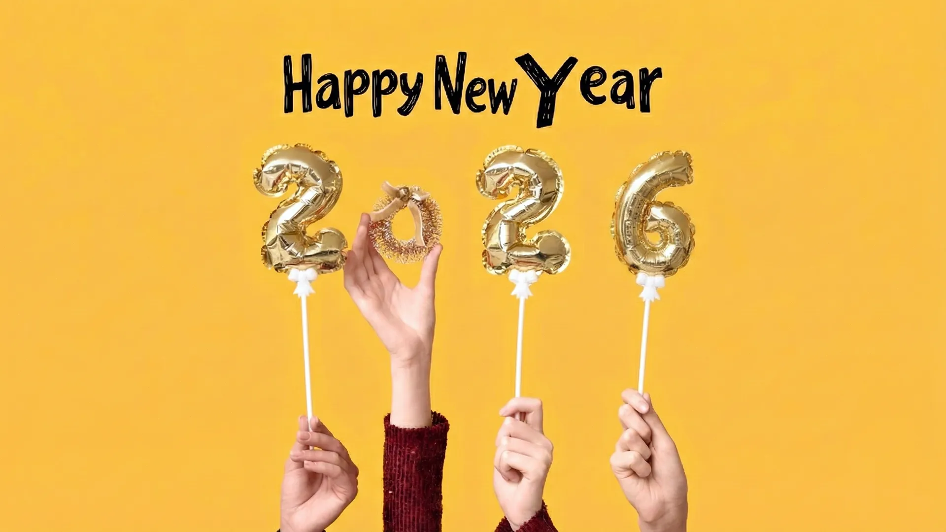 Female Hands with Figure 2026 Made of Foil Balloons and Christmas Decoration on Yellow Background Female Hands with Figure 2026 Made of Foil Balloons and Christmas Decoration on Yellow Background