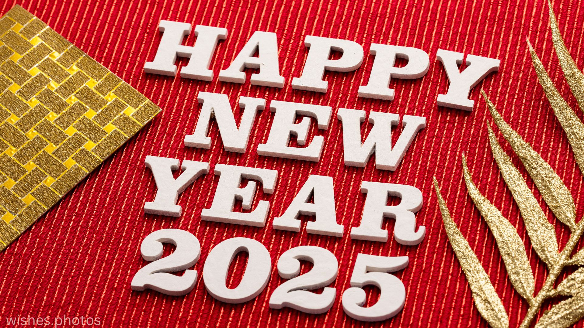 Happy new year 2025 White wooden letters on red background wishes.photos