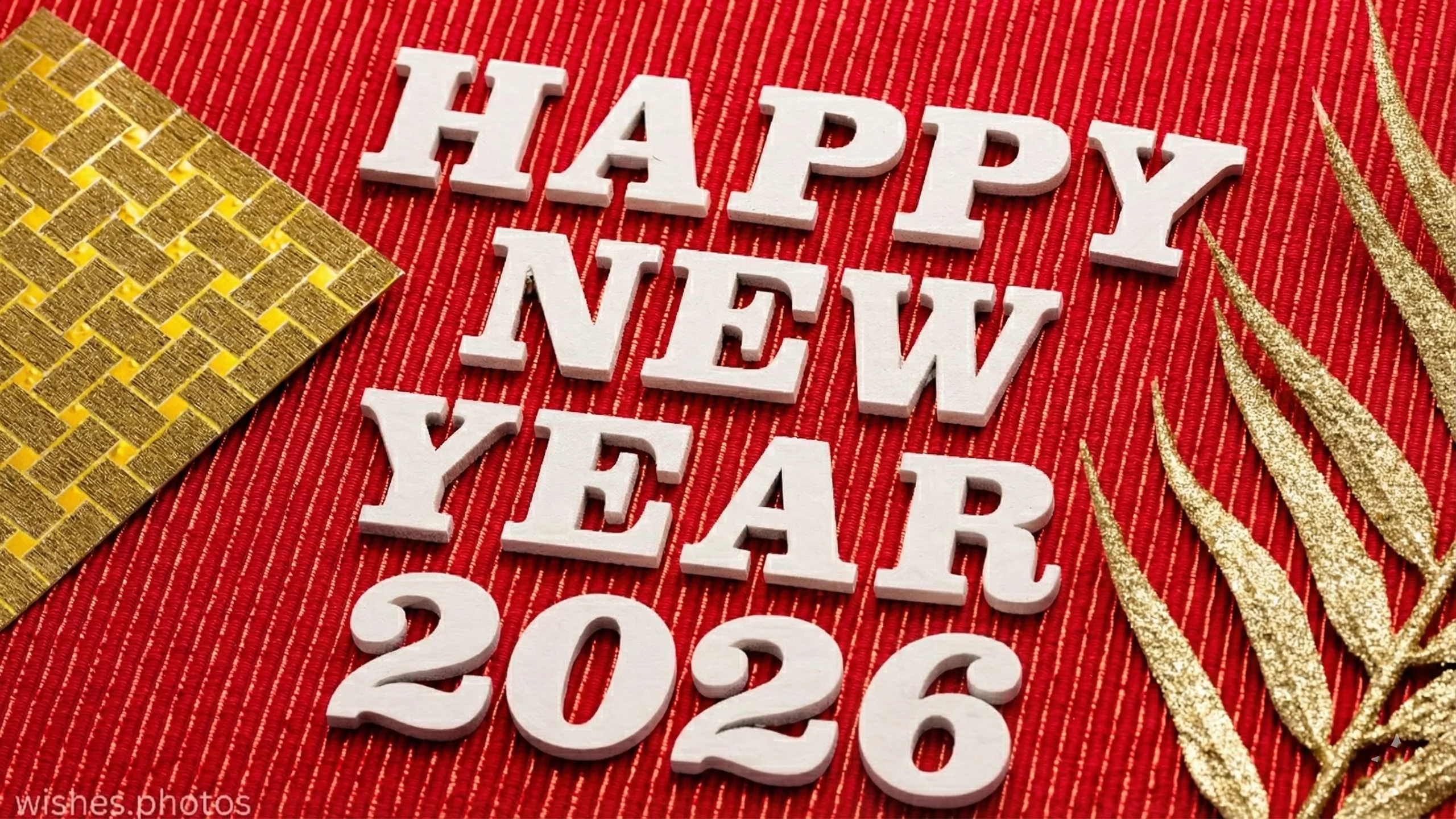 Happy new year 2026 White wooden letters on red background wishes.photos Happy new year 2026 White wooden letters on red background wishes.photos