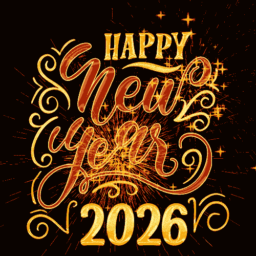 animated Happy New Year 2026 GIFs featuring animated fireworks sparklers, and dazzling glitter.