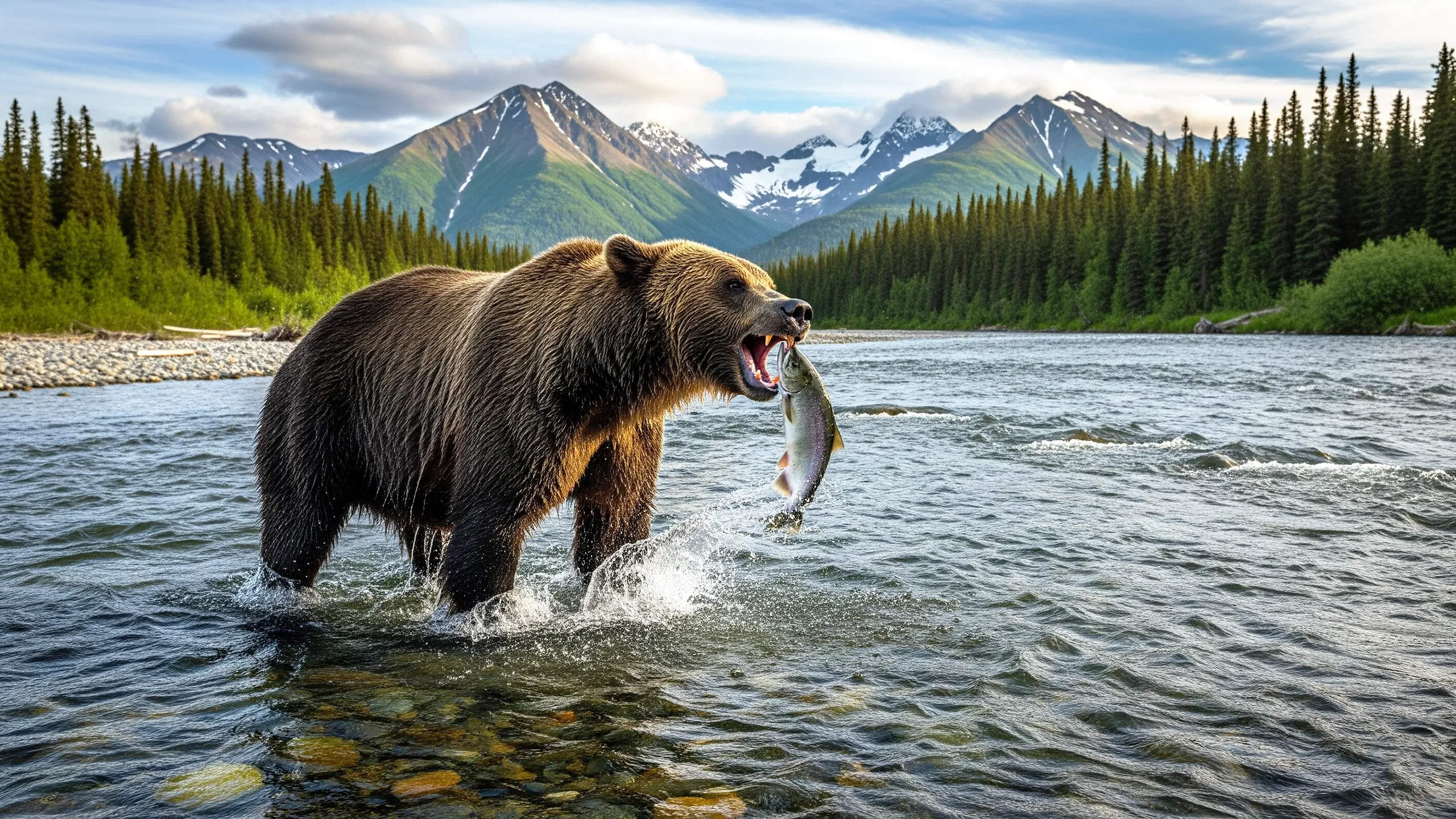Grizzly bear catching fish in river, Alaska wilderness, photorealistic 4k desktop background
