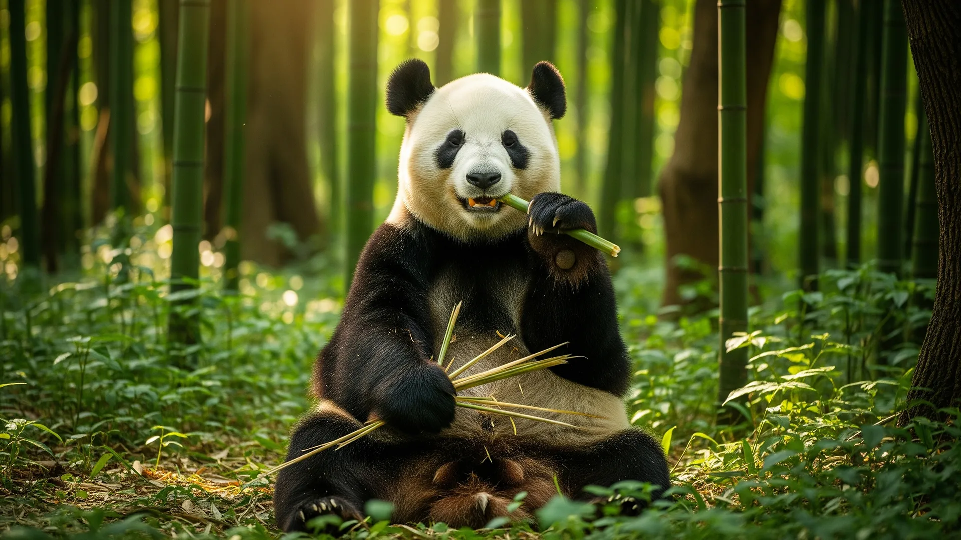 Panda eating bamboo in lush green forest, cute HD wallpaper for PC