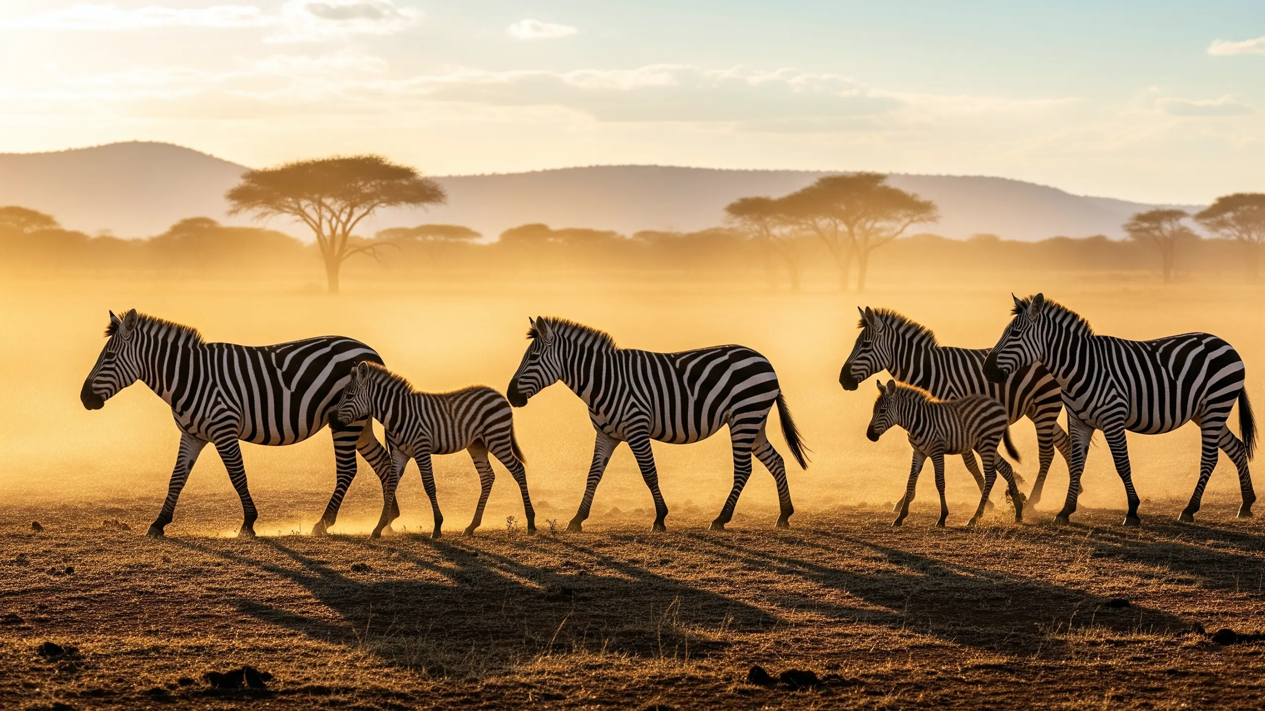 Zebra herd walking across African plains, dusty sunlight effect 4k desktop background