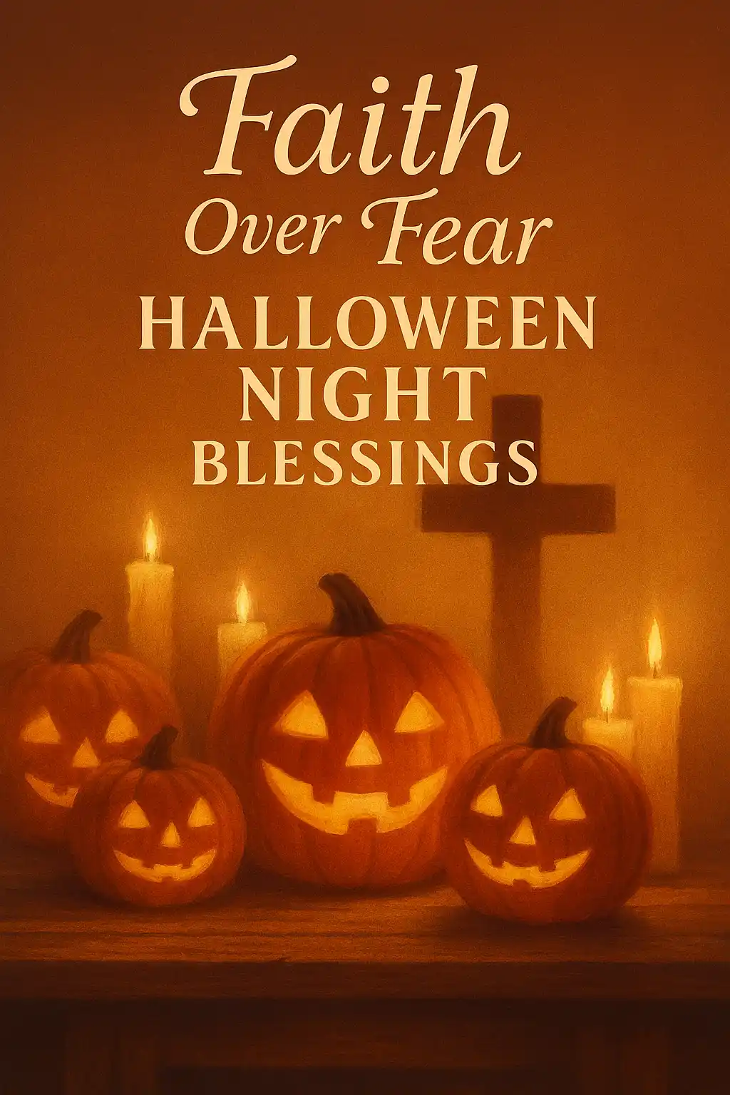 Christian Halloween blessing poster with pumpkins and candlelight