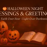 “Christian Halloween night blessings banner with pumpkins, Bible, candles, and warm candlelight glow