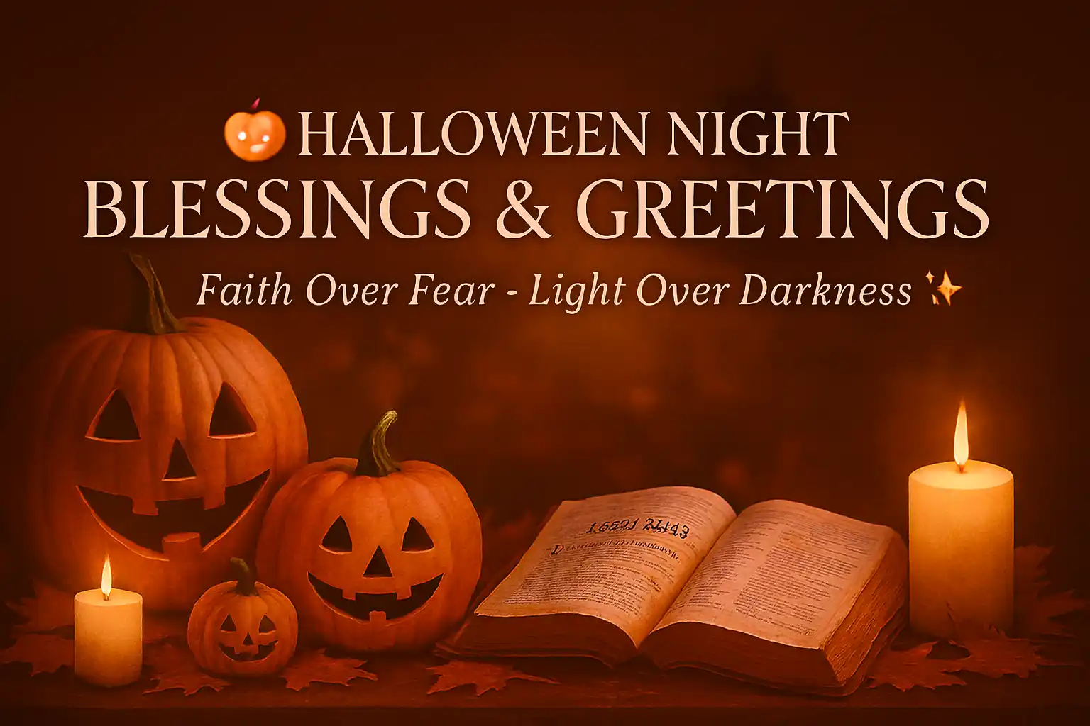 “Christian Halloween night blessings banner with pumpkins, Bible, candles, and warm candlelight glow