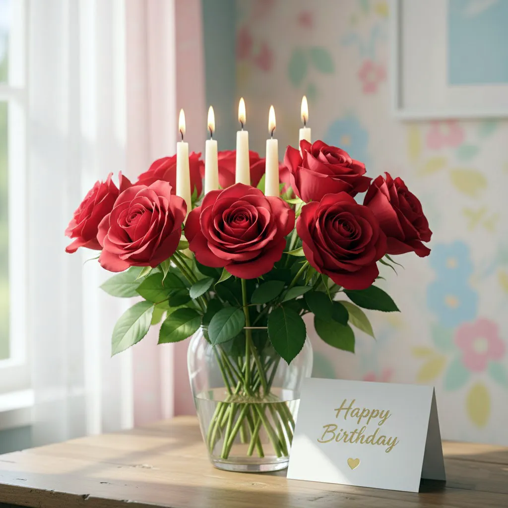 Elegant red rose bouquet with birthday card and candles, soft natural light, pastel background