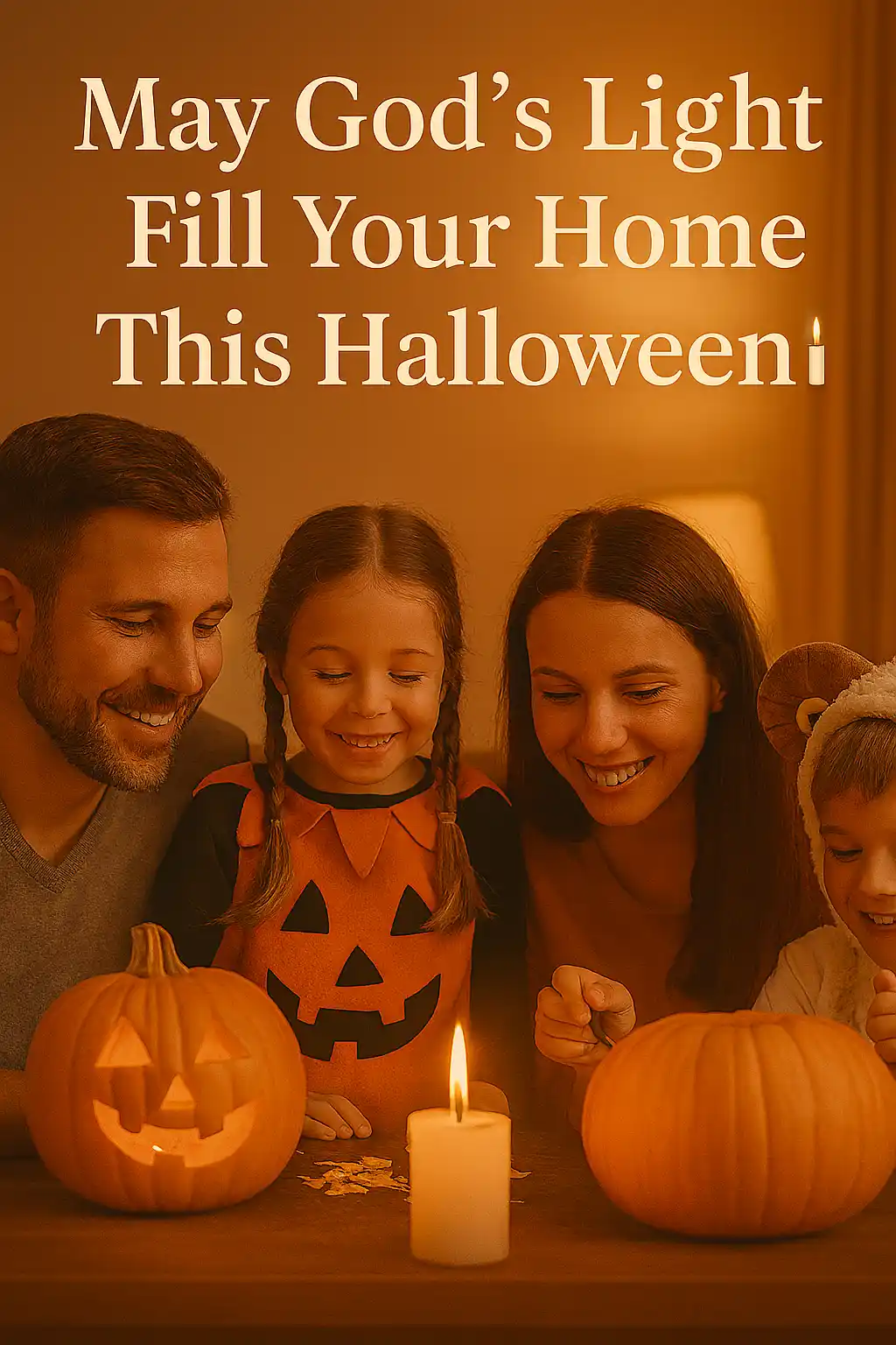 Family celebrating Halloween night with faith and joy.