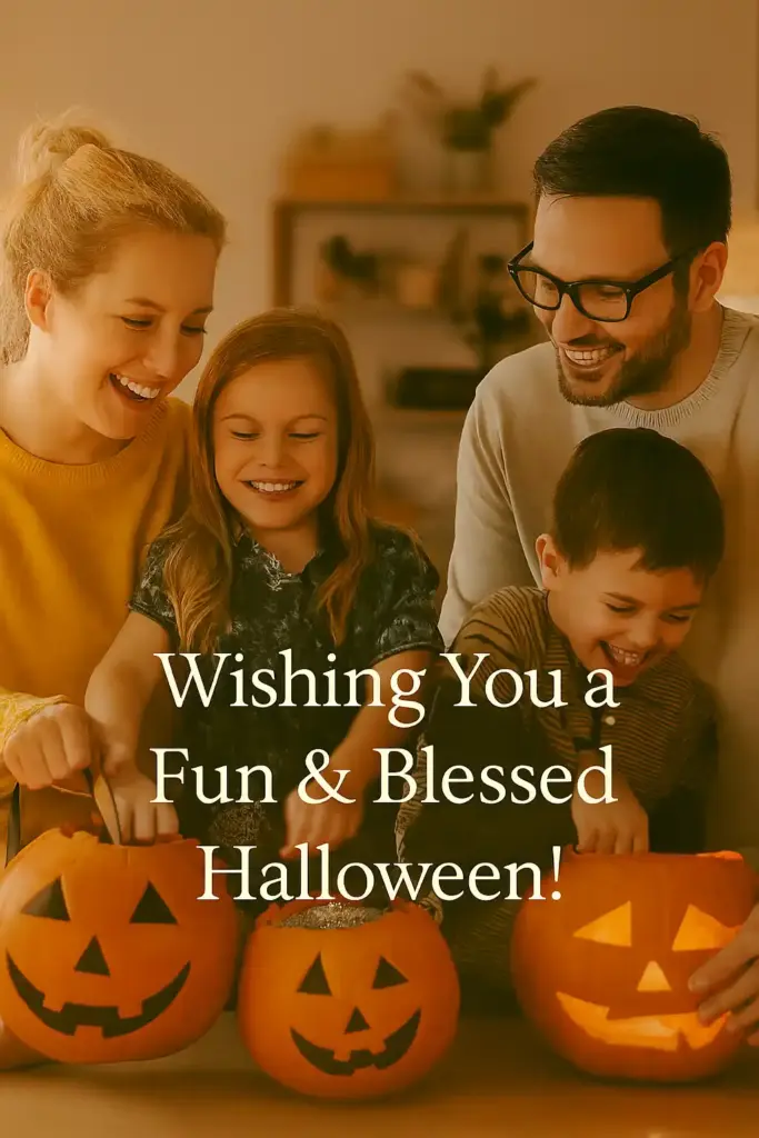 Happy family carving pumpkins together at home, smiling, soft glowing light Wishing You a Fun & Blessed Halloween! copy