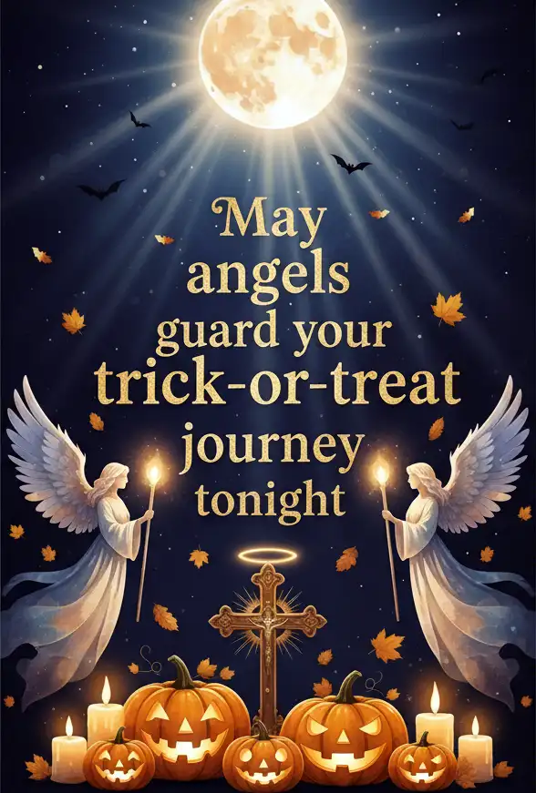 May angels guard your trick or treat journey tonight.’ with cross and light rays.