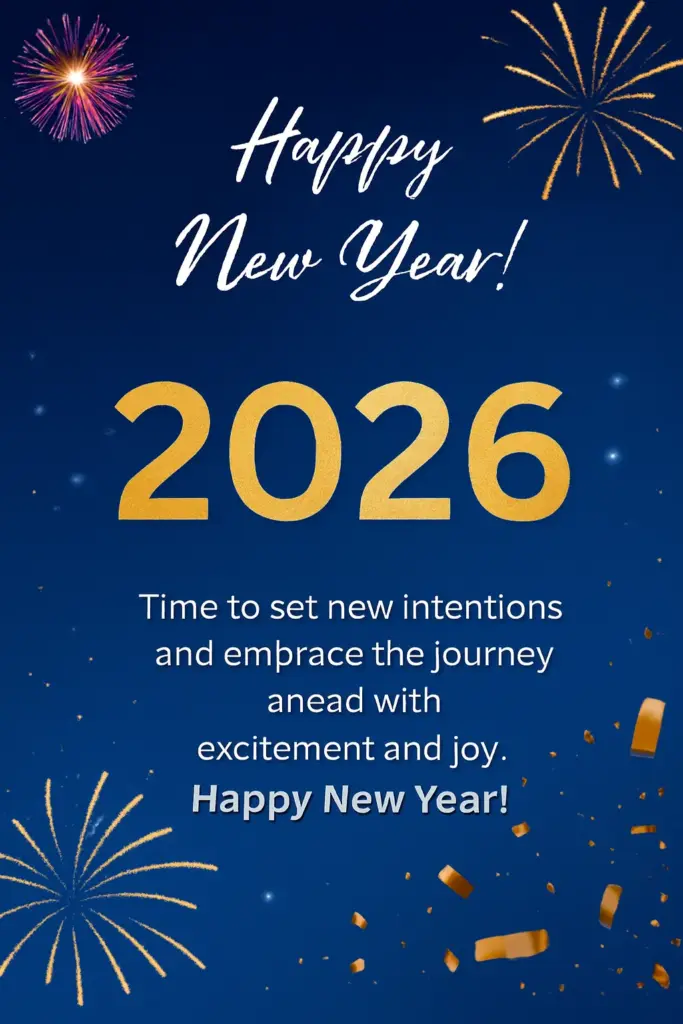 HAPPY NEW YEAR 2026 Time to set new intentions and embrace the journey ahead with excitement and joy. Happy New Year HAPPY NEW YEAR! 2026 “Time to set new intentions and embrace the journey ahead with excitement and joy. Happy New Year!”