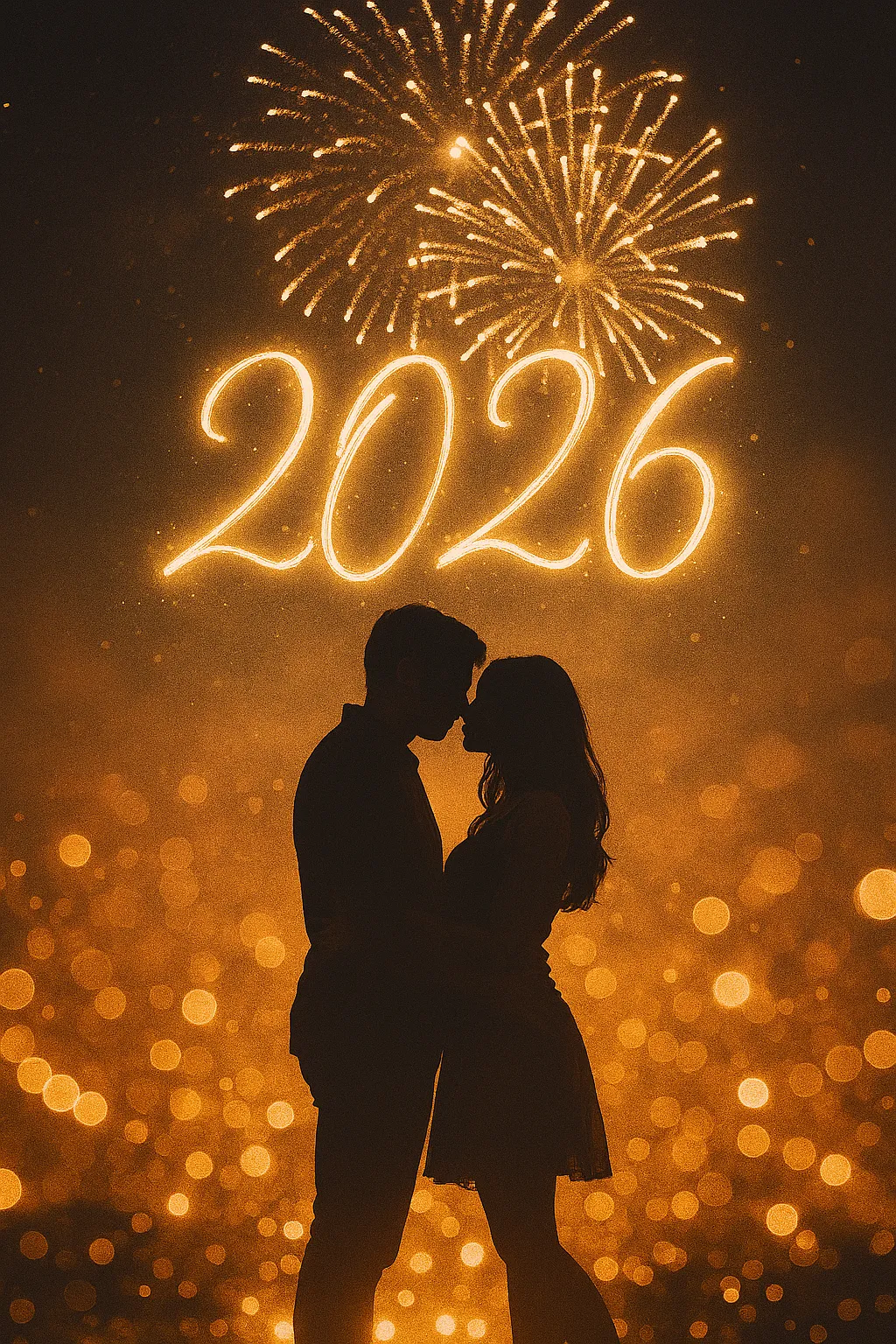 Romantic Couple Silhouette Under Fireworks – Dreamy 2026 New Year Poster Romantic Couple Silhouette Under Fireworks – Dreamy 2026 New Year Poster