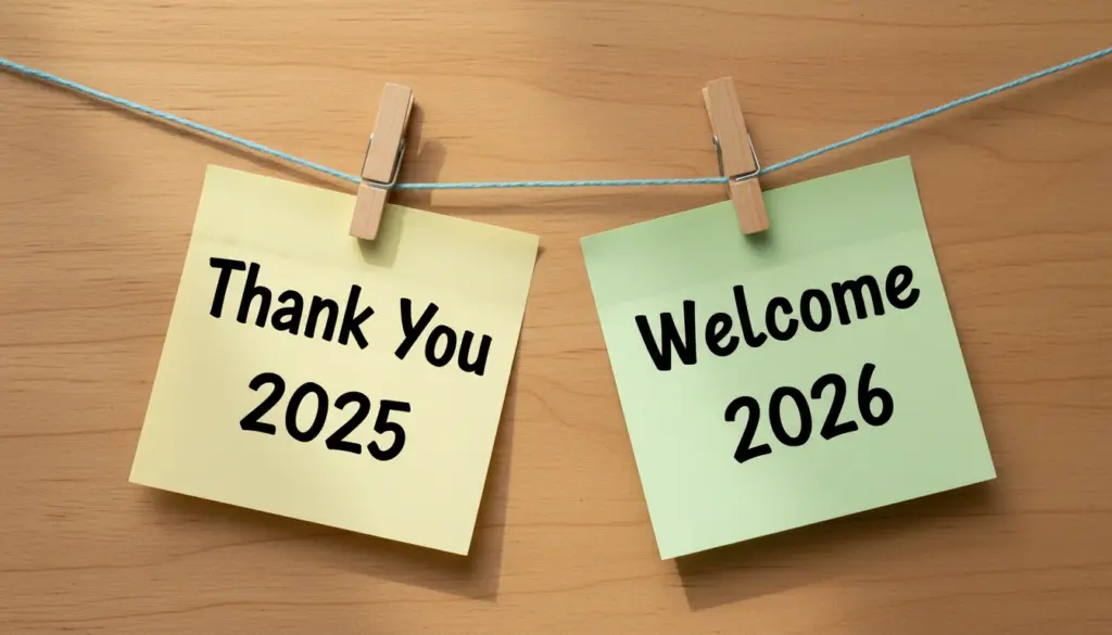 Thank You 2025 and Welcome 2026 image A Conceptual New Year Transition Photograph Featuring Sticky Notes on a Clothesline Against a Rustic Wooden Background