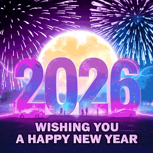 2026 Happy New Year Celebration with Fireworks and Moonlit Skyline
