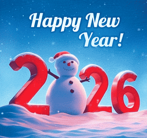 2026 Happy New Year Celebration with a Cheerful Snowman & Big Red 2026 Numbers Festive Greetings & Winter Holiday Wishes GIF