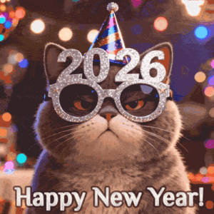 2026 New Year Celebration Cat Wearing Party Hat and Sparkly 2026 Glasses – Happy New Year GIF