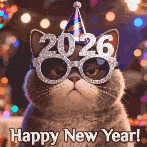 2026 New Year Celebration Cat Wearing Party Hat and Sparkly 2026 Glasses – Happy New Year GIF