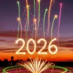 2026 Sparkler Text with Colorful Fireworks and Light Trails over City Skyline and Water Reflection at Sunset Perfect for New Year Wallpaper