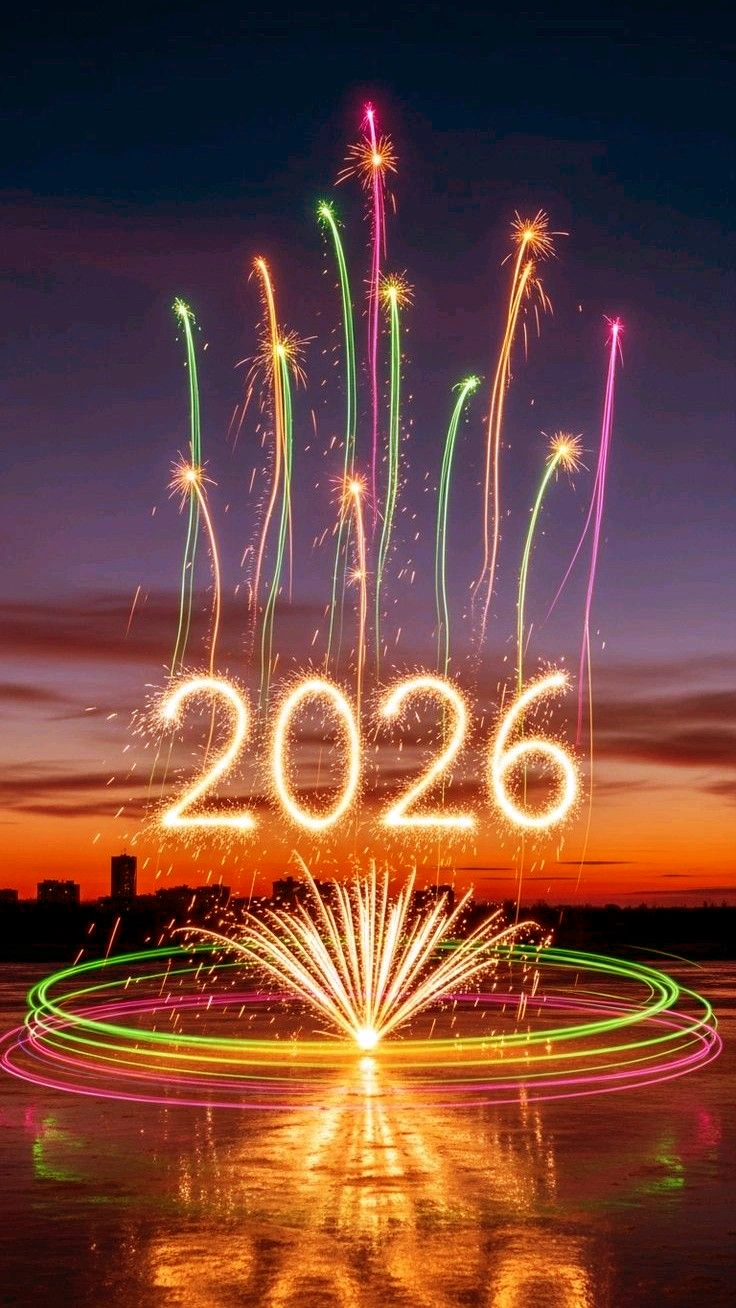 2026 Sparkler Text with Colorful Fireworks and Light Trails over City Skyline and Water Reflection at Sunset Perfect for New Year Wallpaper