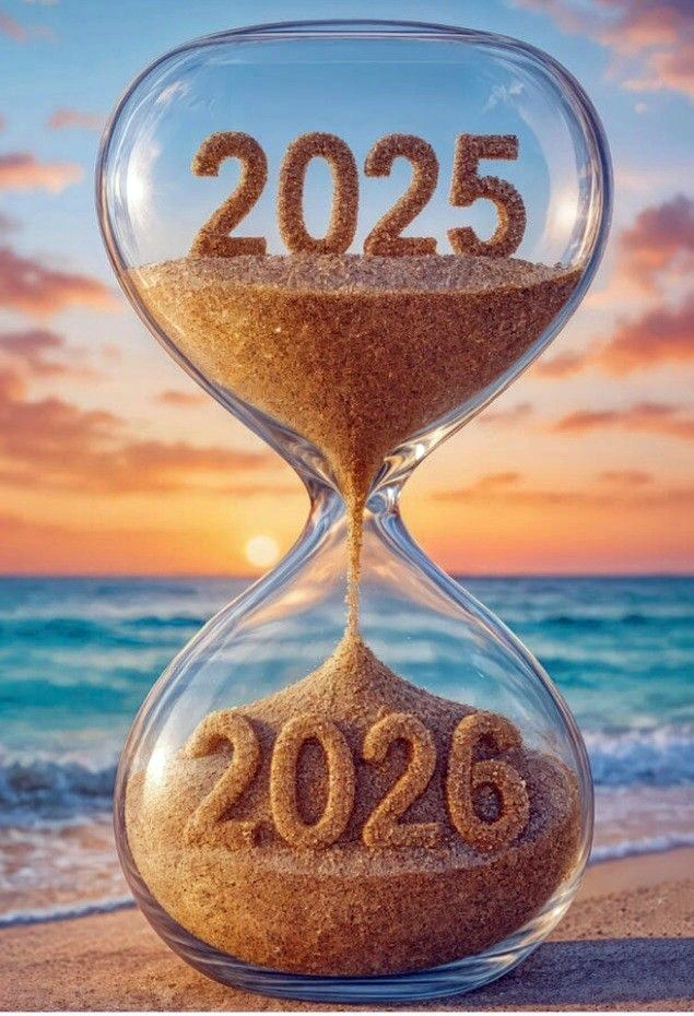 Creative New Year 2026 concepts featuring dynamic city fireworks, an hourglass transitioning from 2025 to 2026 on a beach, and a hopeful green seedling emerging from soil.