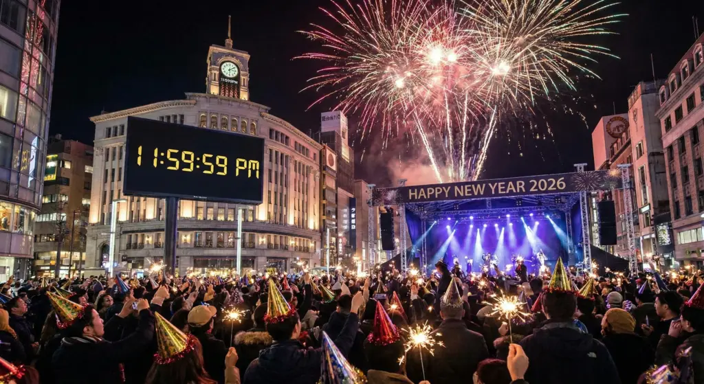 Crowd Counts Down to New Year 2026 with Fireworks and Sparklers at 11.59.59 PM Celebration