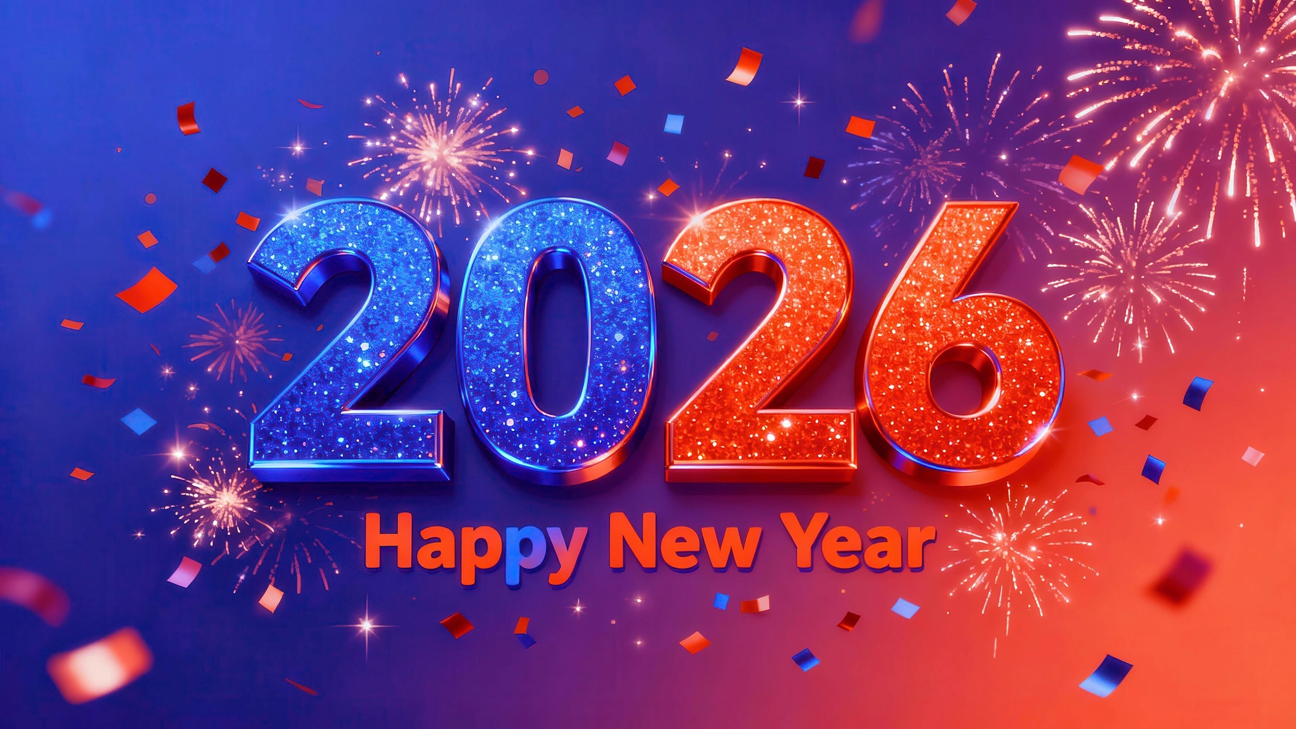 Dynamic 2026 Happy New Year design with glittering numbers, colorful fireworks, and festive confetti. Free Photo