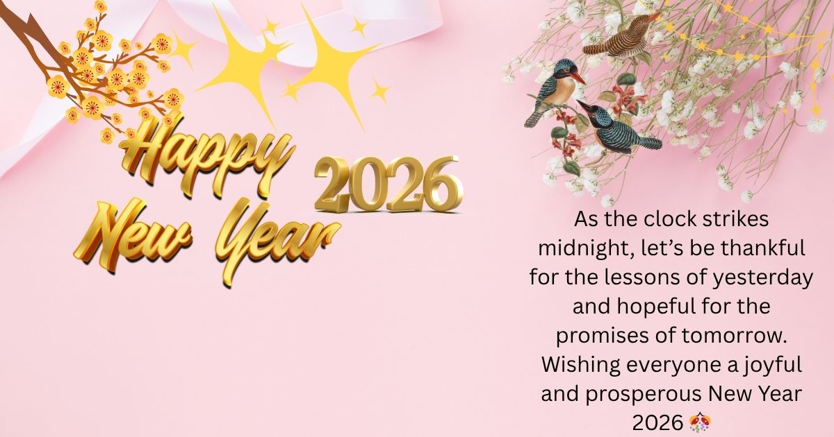 Elegant Happy New Year 2026 Greeting Card with Decorative Songbirds, Yellow Blossom Branches, Golden Year Typography, and Inspirational Wishes on a Soft Pink Background