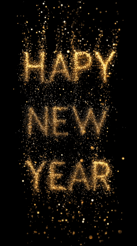 Elegant Happy New Year 2026 Mobile Wallpaper featuring Golden Shimmering Particles and Glittering Typography on a Sophisticated Black animated
