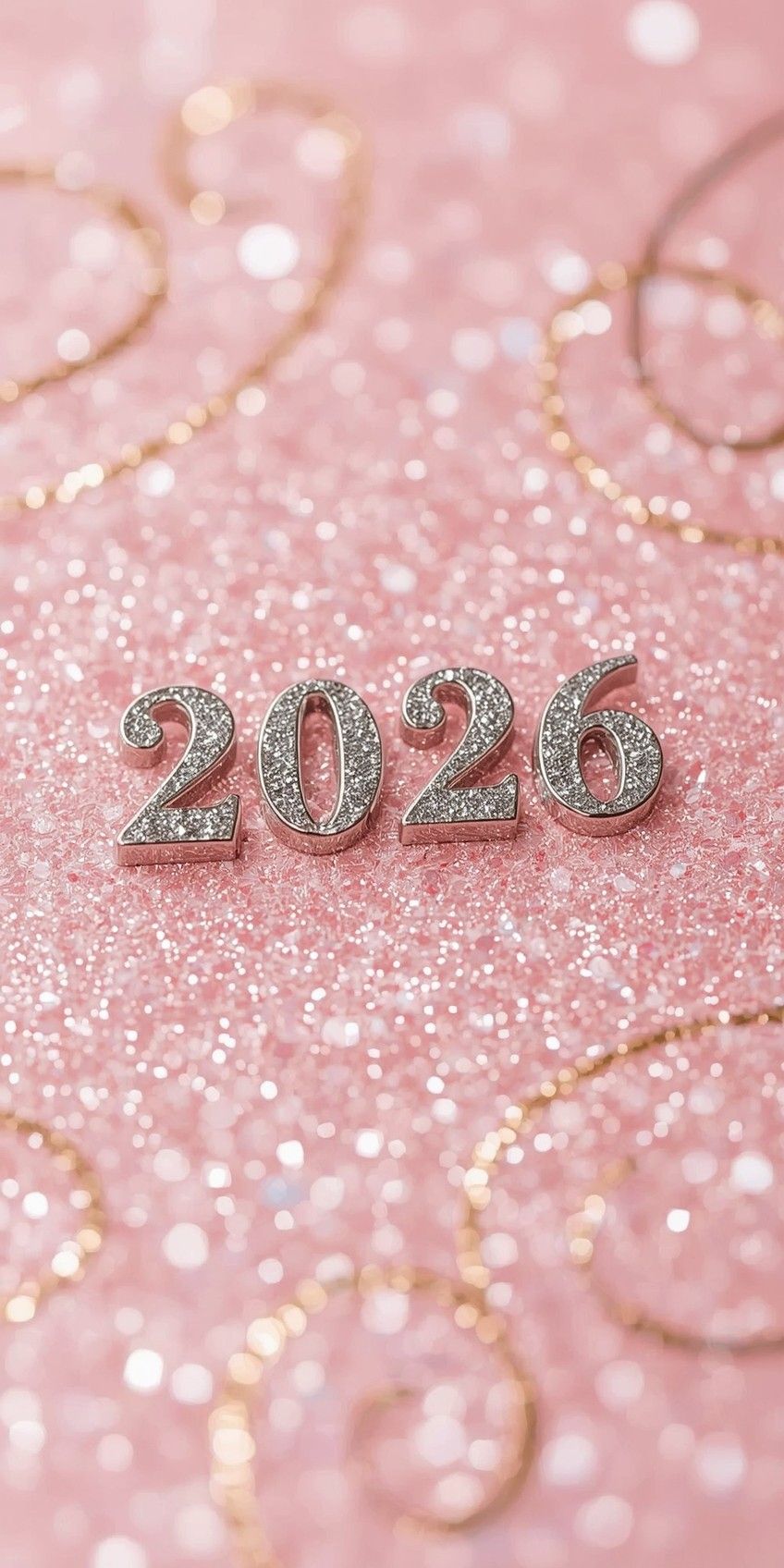 Elegant Happy New Year 2026 Mobile Wallpaper featuring Silver Glitter 3D Numbers on a Sparkling Pink Shimmer Background with Golden Swirl Accents.