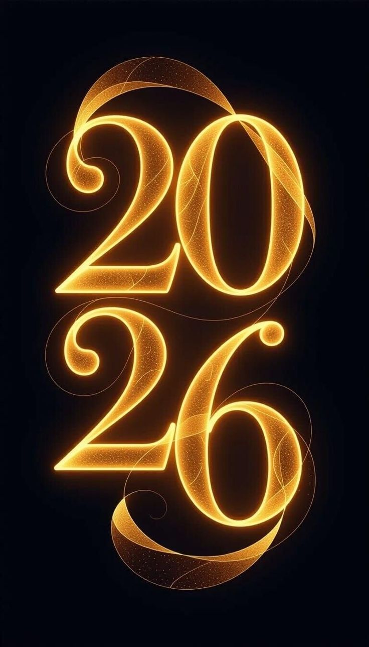Elegant Happy New Year 2026 Wallpaper with Glowing Golden Calligraphy and Shimmering Particles on a Sophisticated Black Background
