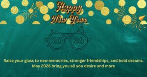 Festive Happy New Year 2026 Celebration Banner with Golden Glitter Typography, Golden Confetti, Fireworks Graphics, and Party Glasses Illustration on a Vibrant Teal Background