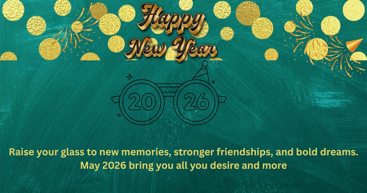 Festive Happy New Year 2026 Celebration Banner with Golden Glitter Typography, Golden Confetti, Fireworks Graphics, and Party Glasses Illustration on a Vibrant Teal Background