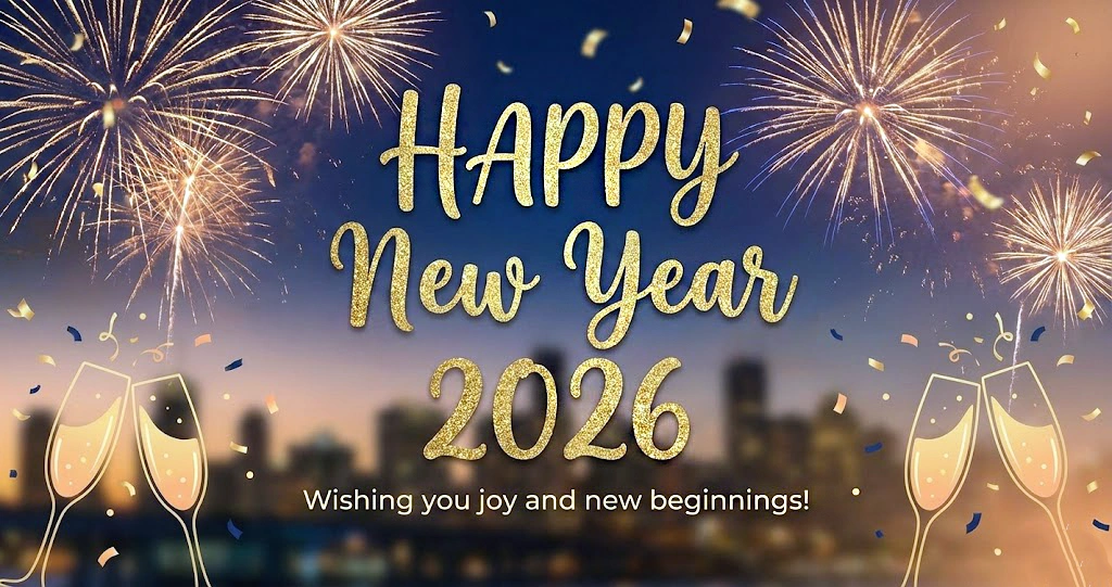 Festive Happy New Year 2026 Horizontal Banner with Glittering Golden Typography, Fireworks Display over a Blurred Cityscape, and Toasting Champagne Glasses