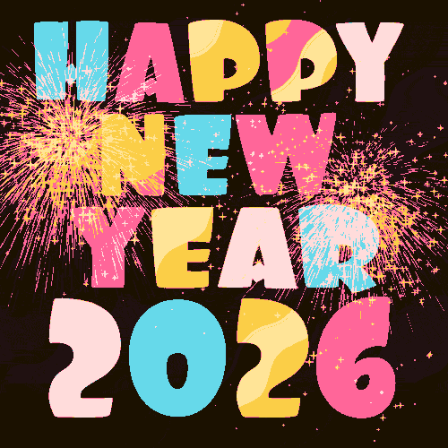 Happy New Year 2026 Celebration GIF Colorful Typography & Sparkling Fireworks Graphic for Festive Greetings & Social Media Sharing