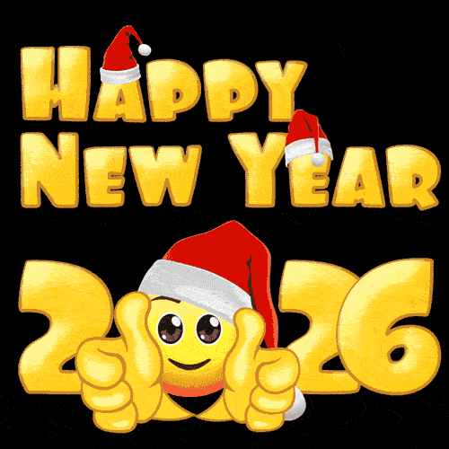 Happy New Year 2026 Golden Emoji Celebration GIF – Festive Christmas Santa Hat New Year Wearing Emoji Thumbs Up Animation