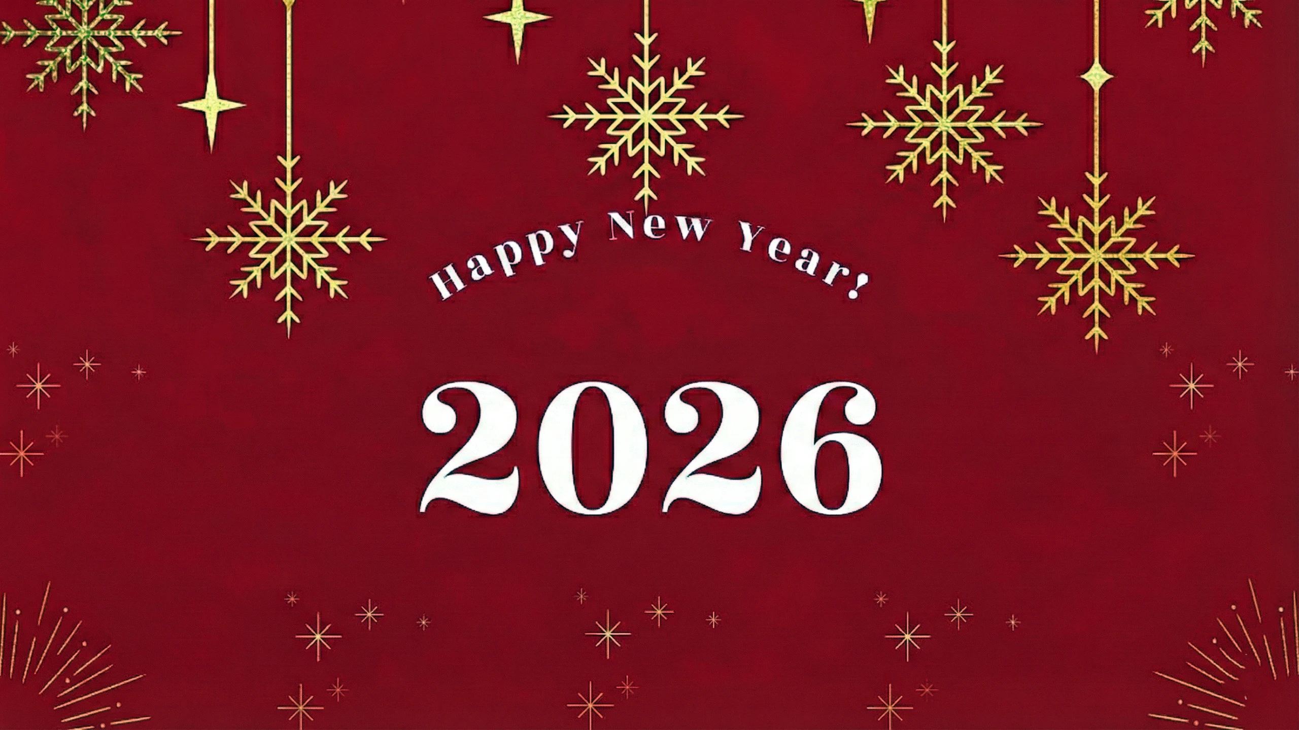 Happy new year 2026 in white letters on red background 2560p wallpaper