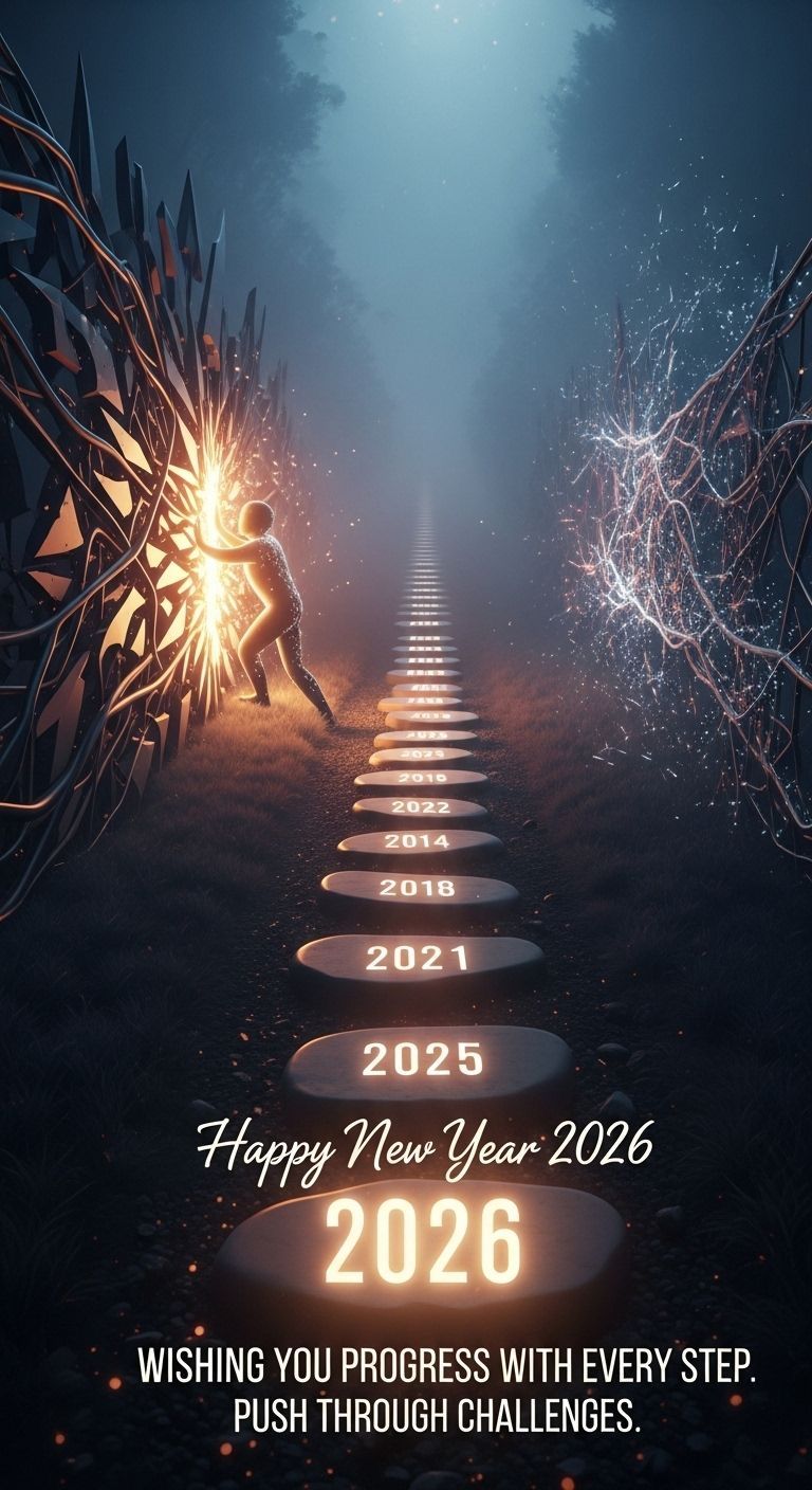 Inspirational Happy New Year 2026 Mobile Wallpaper featuring a Path of Stepping Stones through a Surreal Forest, Motivational Progress with Every Step Quote, and Glowing Typography