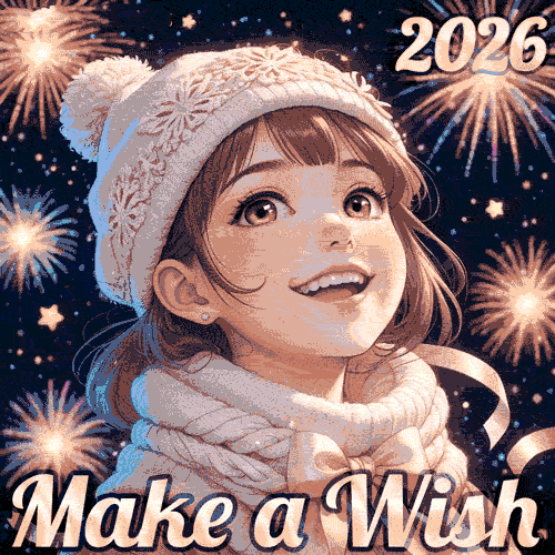 Make a Wish 2026 Animated GIF of a Cheerful Young Girl in Winter Hat Celebrating New Year with Fireworks