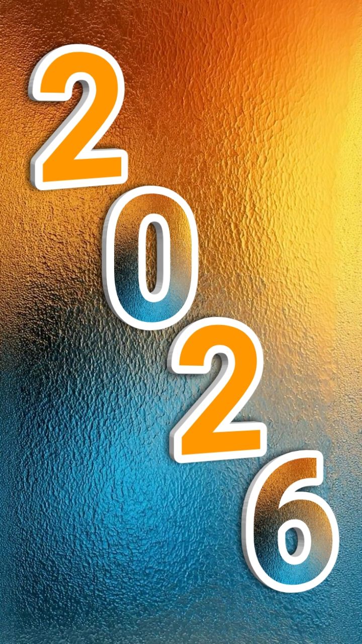 Modern Happy New Year 2026 Mobile Wallpaper featuring Vertical 3D Orange Typography on a Shimmering Metallic Copper and Blue Textured Background