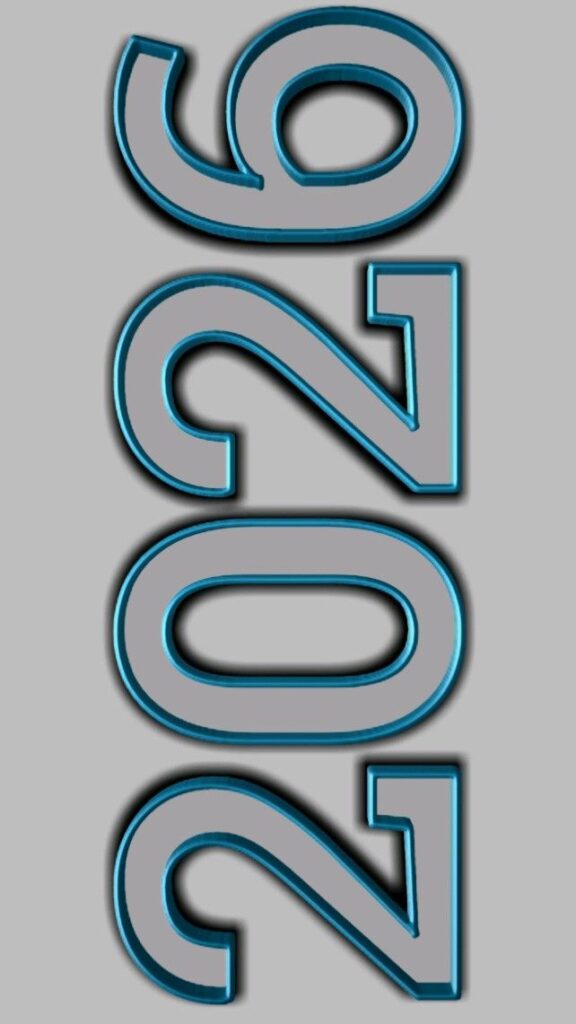 Modern Happy New Year 2026 Mobile Wallpaper featuring Vertical 3D Silver and Teal Blue Typography on a Sleek Minimalist Grey Background.