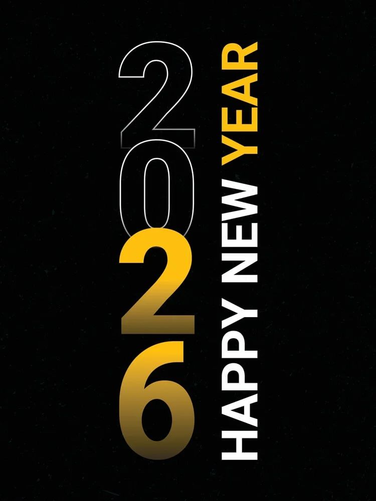 Modern Happy New Year 2026 Mobile Wallpaper featuring Vertical Gold and White Outlined Typography on a Minimalist Black Background